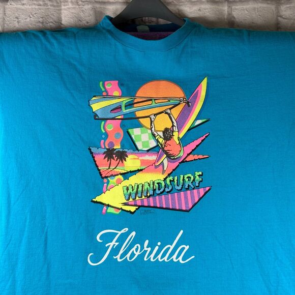 Vintage 1990 Florida Windsurf T-Shirt 3XL Neon Graphics Made USA Single Stitch - Picture 1 of 7